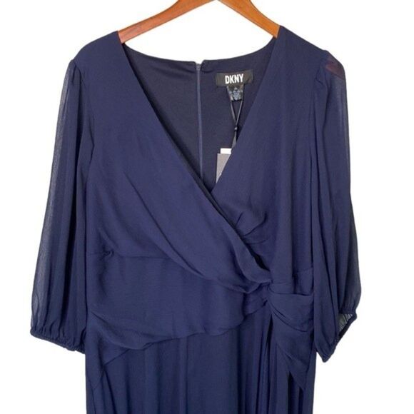DKNY Navy Surplice Faux Wrap Chiffon Balloon Sleeve V-Neck Midi Party Dress - Picture 7 of 15